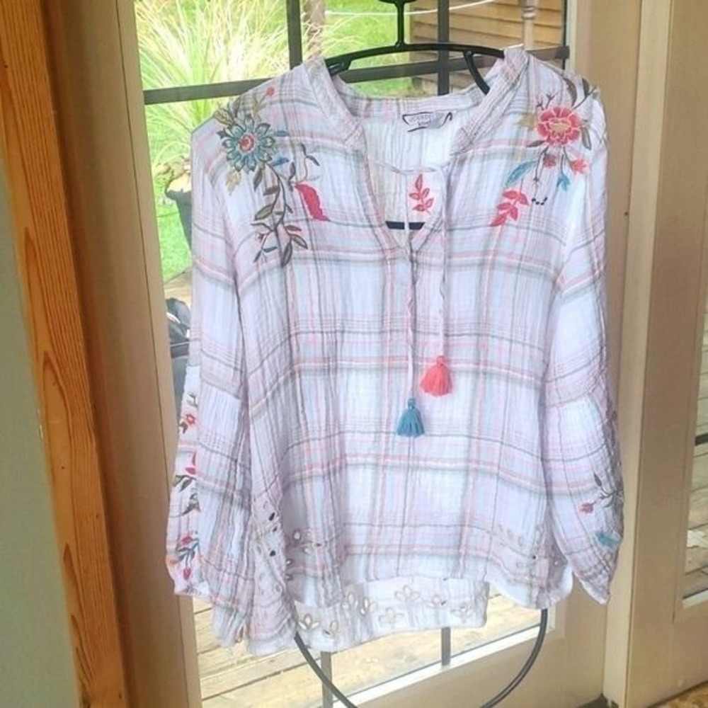 Johnny Was Workshop Embroidered Plaid Eyelet Tassel Blouse White Pink Large - Picture 2 of 16